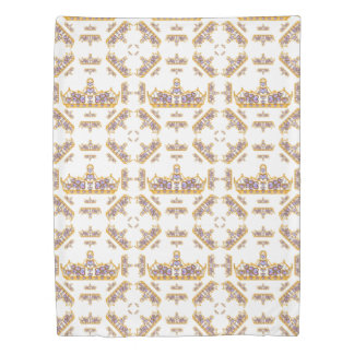 Gold Crowns Heart Diamonds Pearls Pattern White Duvet Cover