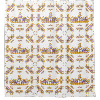 Gold Crowns Heart Diamonds Pearls Pattern White Shower Curtain
