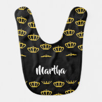 Gold crowns on black baby bib