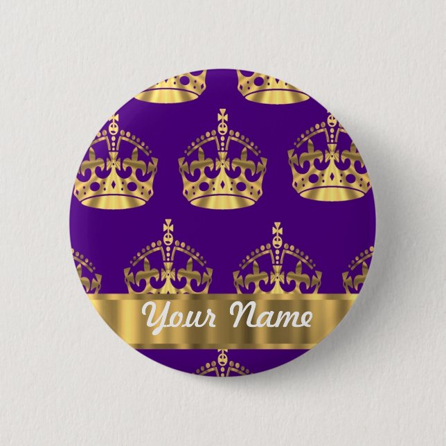 Gold crowns on purple pinback button (Front)