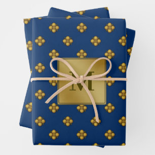 Gold Cruciferous Flowers Monogrammed Blue Wrapping Paper Sheets