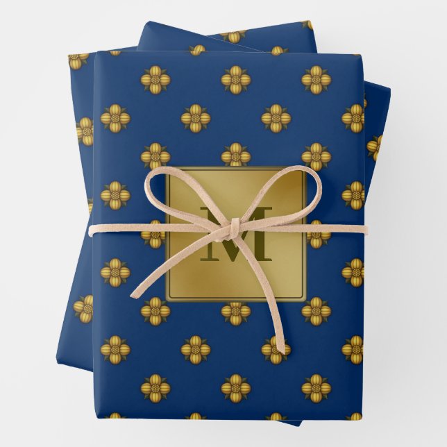 Gold Cruciferous Flowers Monogrammed Blue Wrapping Paper Sheets (In situ)