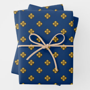 Gold Cruciferous Flowers on Blue Wrapping Paper Sheets
