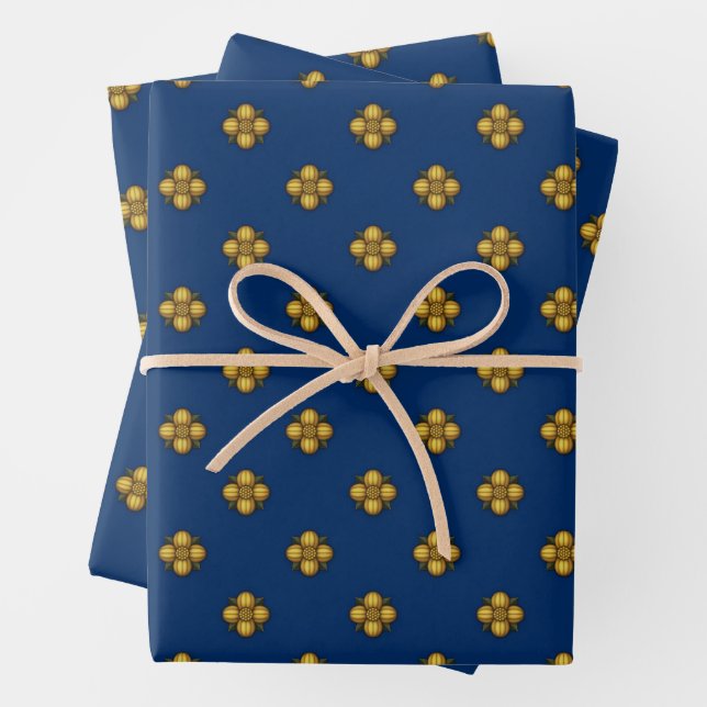 Gold Cruciferous Flowers on Blue Wrapping Paper Sheets (In situ)
