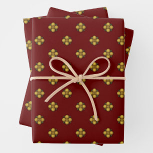 Gold Cruciferous Flowers on Dark Red Wrapping Paper Sheets