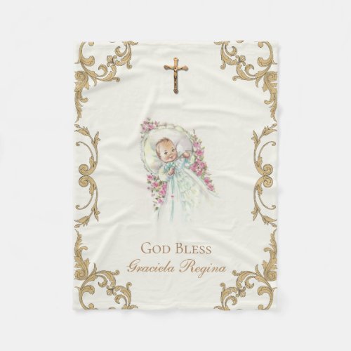 Gold Crucifix Cross Pink Roses Baby Girl Fleece Blanket