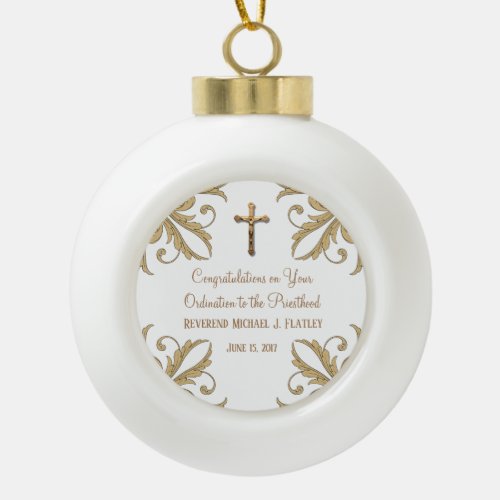 Gold Crucifix  Decorative Border Priest Ordination Ceramic Ball Christmas Ornament