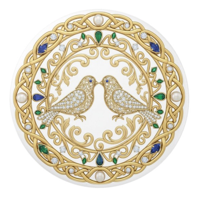 Gold Crystal Birds faux 2D graphic gemstones Ceramic Knob (Front)