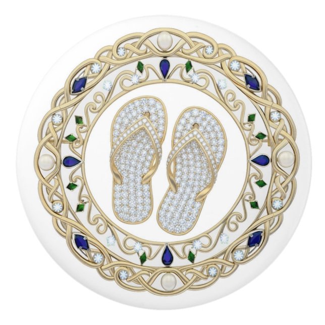 Gold Crystal Flip Flops 2Dgraphic Flipflop shoes Ceramic Knob (Front)