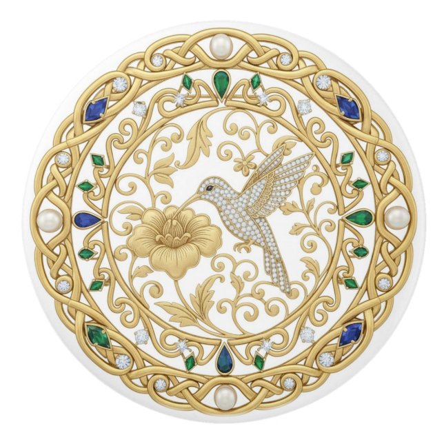 Gold Crystal Hummingbird Bird 2D graphic gemstones Ceramic Knob (Front)
