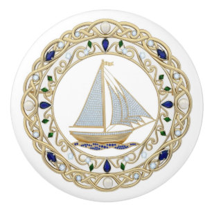 Gold Crystal Nautical Sail Boat Sailing 2DGraphic Ceramic Knob