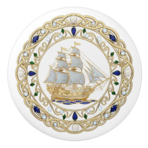 Gold Crystal Nautical Ship Boat Sailing 2DGraphic Ceramic Knob