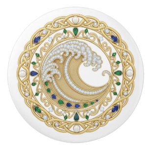 Gold Crystal Ocean Great Wave 2D graphic gemstones Ceramic Knob