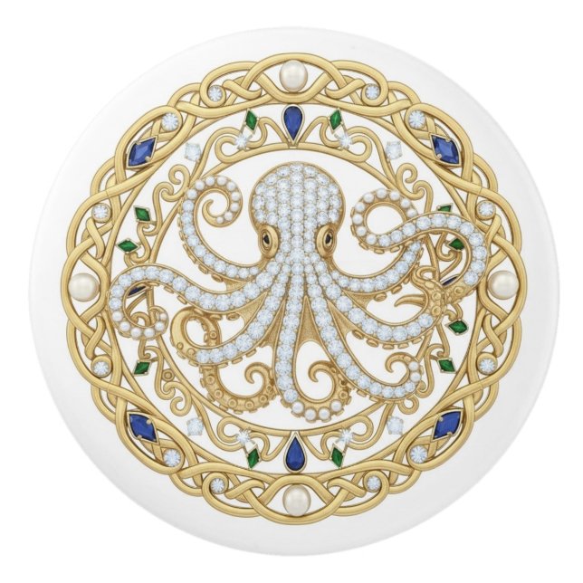 Gold Crystal Ocean Sea Octopus 2D graphic gemstone Ceramic Knob (Front)