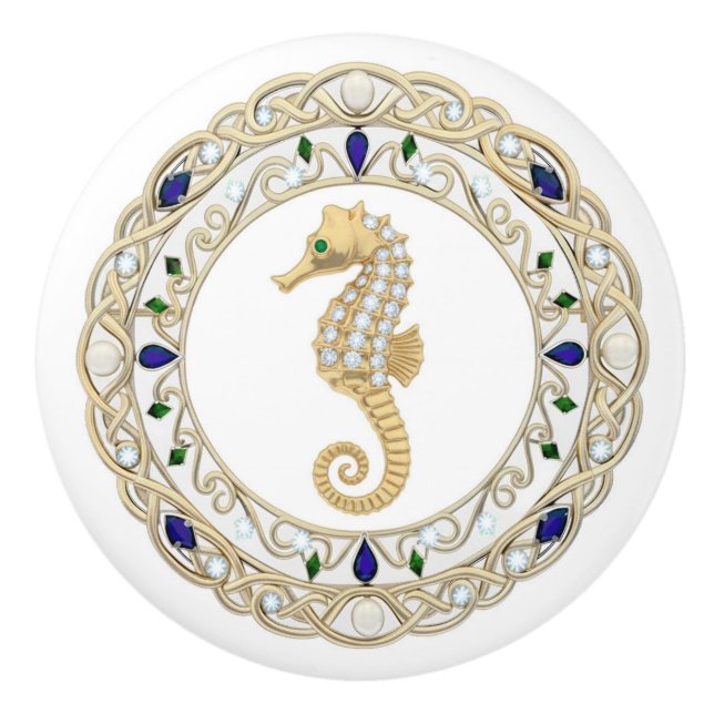 Gold Crystal Seahorse 2Dgraphic Ocean Sea Horse Ceramic Knob (Front)