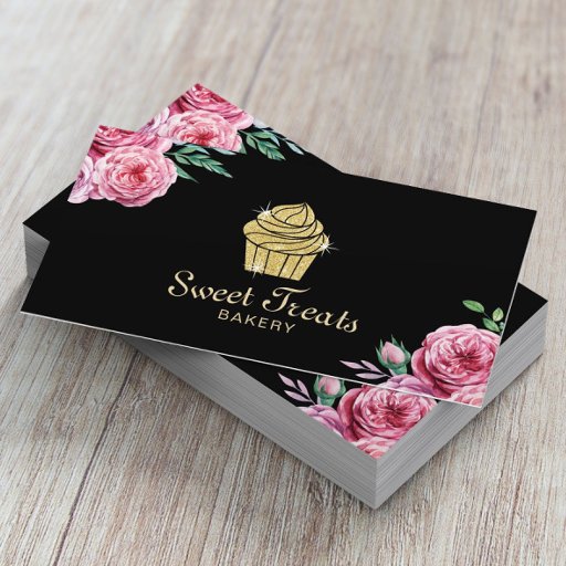 Customizable Gold Cupcake Bakery Sweet Treats Modern Floral Business Card