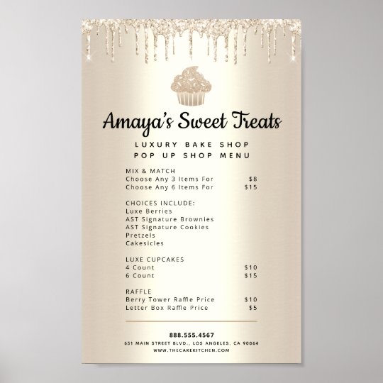 Gold Cupcake Glitter Drips Bakery Pastry Chef Menu Poster