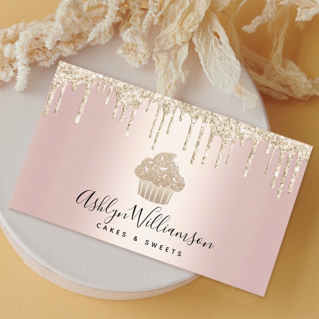 Gold Cupcake Glitter Drips Bakery Pastry Chef Pink Business Card (Creator Uploaded)