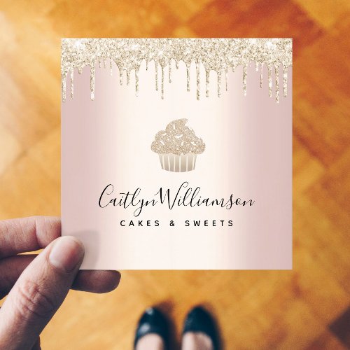 Gold Cupcake Glitter Drips Bakery Pastry Chef Pink Square Business Card