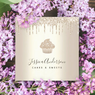 Gold Cupcake Pastry Bakery Chef Glitter Drips Chic Square Business Card