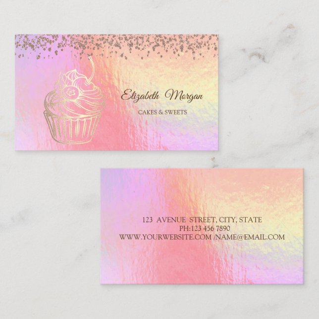Gold Cupcake,Sweets,Bakery Holographic  Business Card (Front/Back)