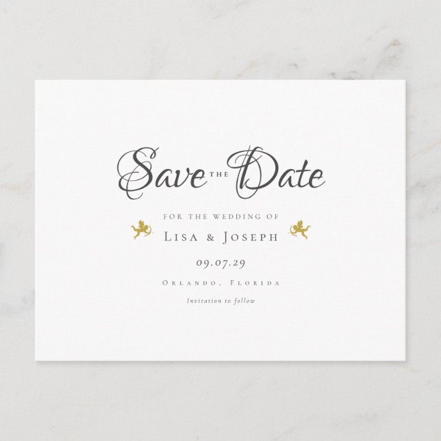 Gold Cupids Elegant Script Save the Date Announcement Postcard (Front)