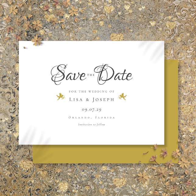 Gold Cupids Modern Elegant Script Wedding Save The Date (Gold Cupids Modern Elegant Script Wedding Save The Date
)