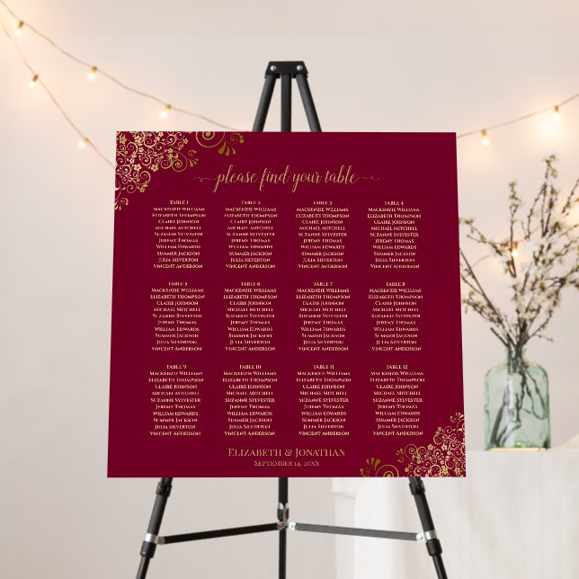 Gold Curls 12 Table Burgundy Wedding Seating Chart Foam Board (In Situ (Stand))
