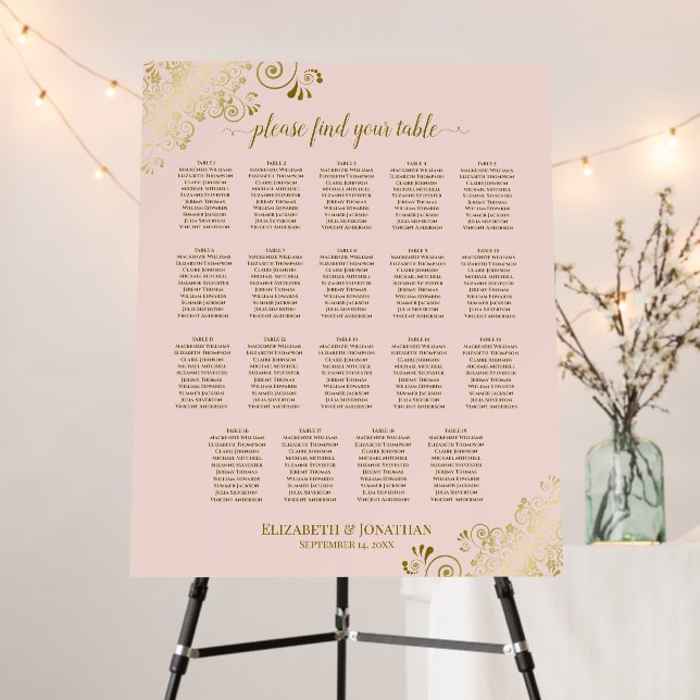 Gold Curls 19 Table Pink Wedding Seating Chart Foam Board (In Situ (Stand))
