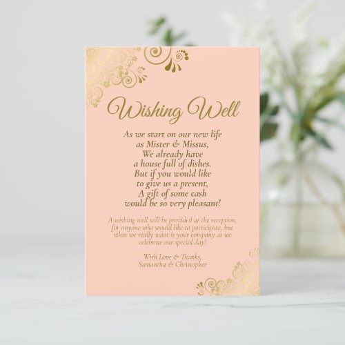 Gold Curls  Coral Peach Wedding Wishing Well Poem Enclosure Card