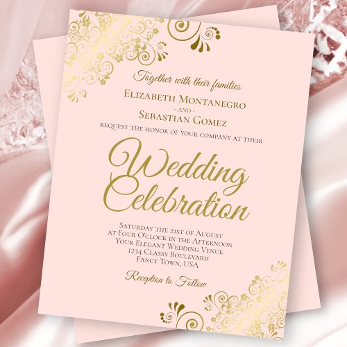 Gold Curls Elegant Pink BUDGET Wedding Invitation
