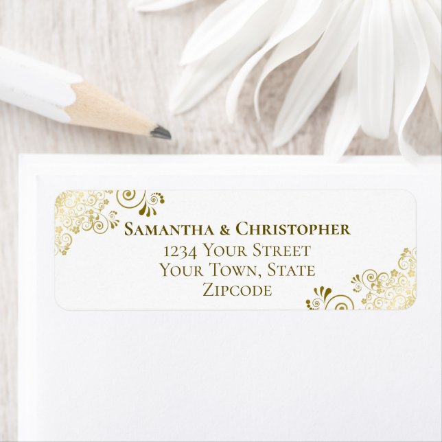Gold Curls Elegant White Wedding Return Address Label (Insitu)