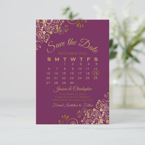 Gold Curls Magenta Purple Elegant Wedding Calendar Save The Date