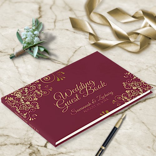Gold Curls Maroon Burgundy Frilly Elegant Wedding Guest Book
