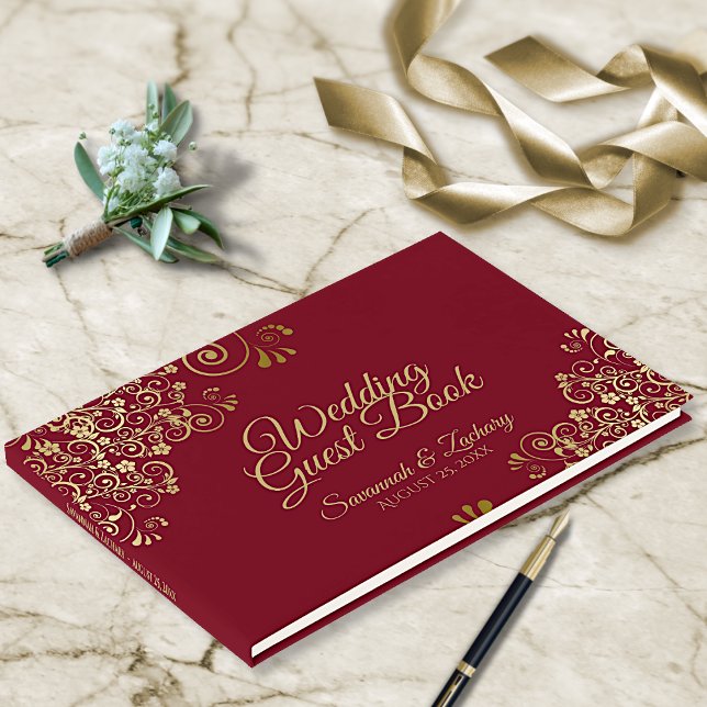 Gold Curls Maroon Burgundy Frilly Elegant Wedding Guest Book (Creator Uploaded)