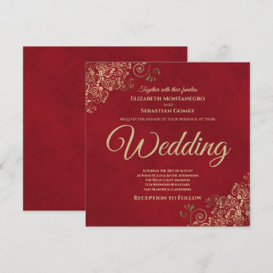 Gold Curls on Crimson Red Elegant Square Wedding Invitation