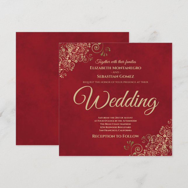 Gold Curls on Crimson Red Elegant Square Wedding Invitation (Front/Back)
