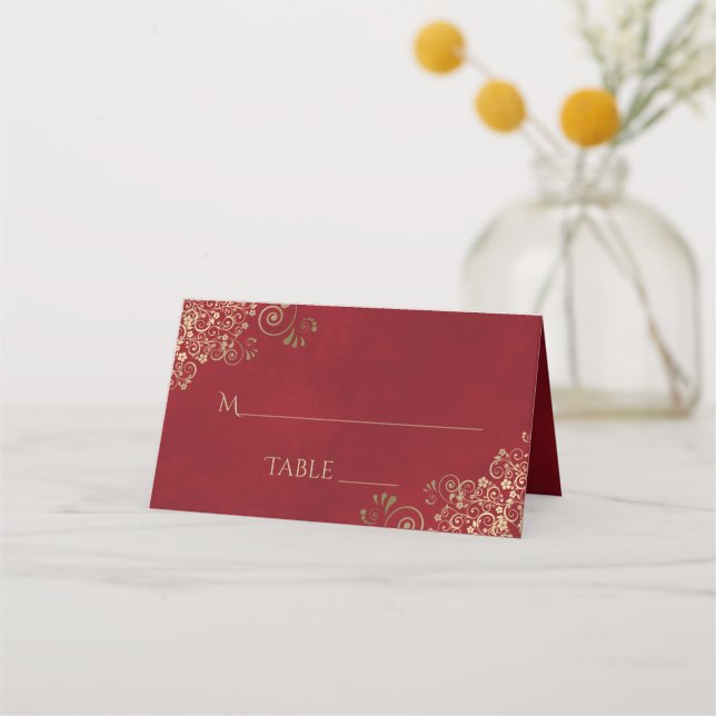 Gold Curls on Crimson Red Elegant Wedding Write-In Place Card (Front)