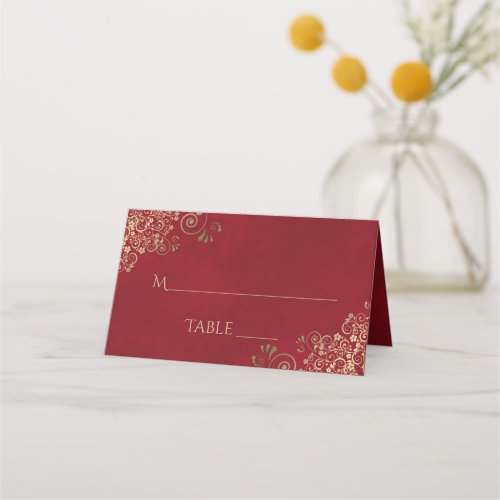 Gold Curls on Crimson Red Elegant Wedding Write_In Place Card