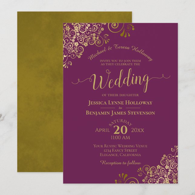 Gold Curls on Magenta Plum Elegant Formal Wedding Invitation (Front/Back)