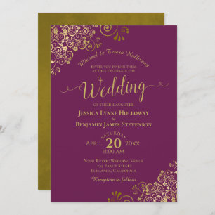 Gold Curls on Magenta Plum Elegant Formal Wedding Invitation