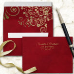 Gold Curls on Marbled Crimson Red Elegant Wedding Envelope<br><div class="desc">This beautiful wedding envelope is features a marbled crimson red background with gold floral curls and swirls on the inside flap. There is a printed return address on the back flap in fancy script lettering. The design is understated and simple, yet classic, chic and ornate. Perfect way to make your...</div>