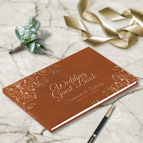 Gold Curls on Marbled Rust Orange Elegant Wedding Guest Book