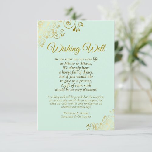 Gold Curls on Mint Green Wedding Wishing Well Poem Enclosure Card