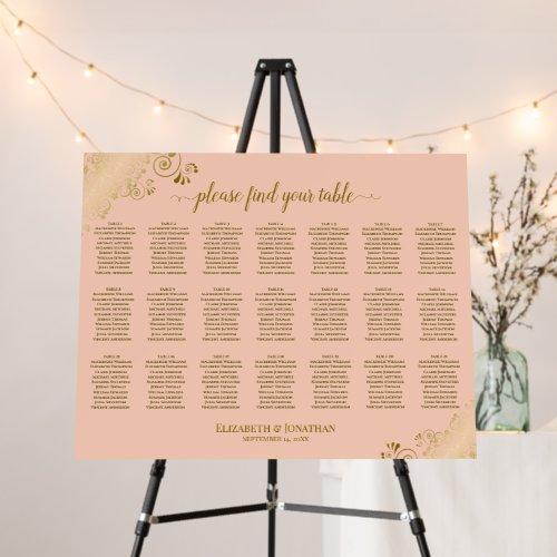 Gold Curls on Peach 21 Table Wedding Seating Chart Foam Board