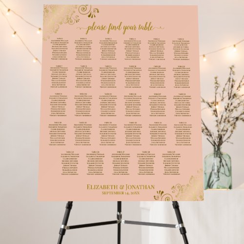 Gold Curls on Peach 29 Table Wedding Seating Chart Foam Board