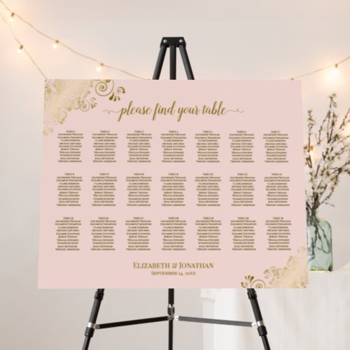 Gold Curls on Pink 21 Table Wedding Seating Chart Foam Board