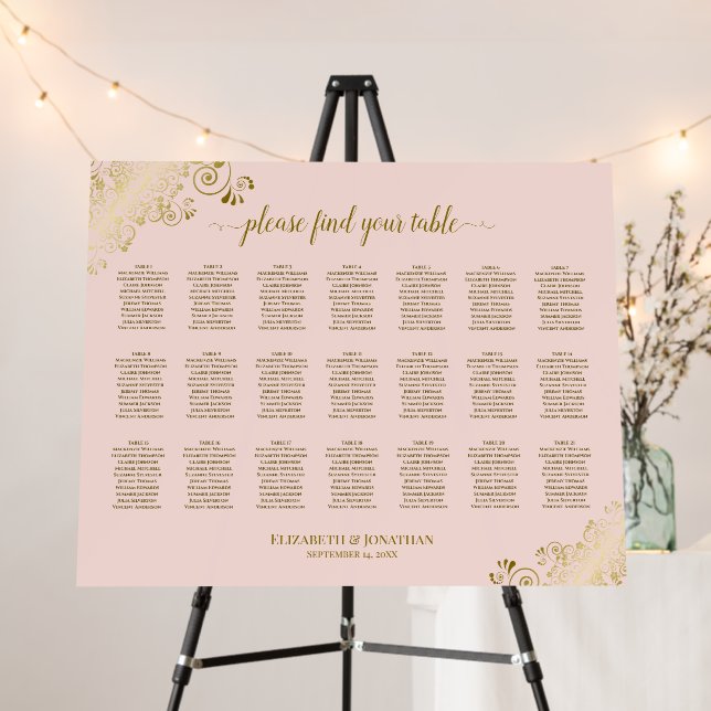 Gold Curls on Pink 21 Table Wedding Seating Chart Foam Board (In Situ (Stand))