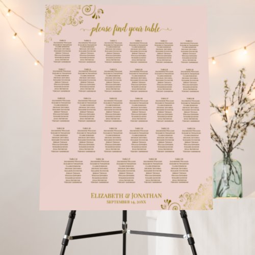 Gold Curls on Pink 29 Table Wedding Seating Chart Foam Board