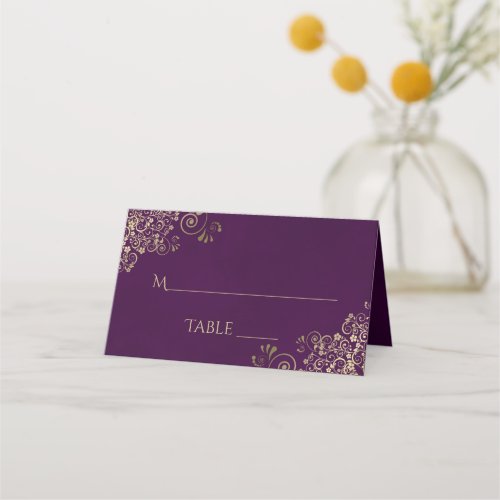 Gold Curls on Plum Purple Elegant Wedding Write_In Place Card